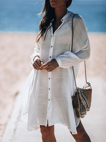 Airchics mi-longue blouse boutonnage col cheminée manches longues ample décontracté plage